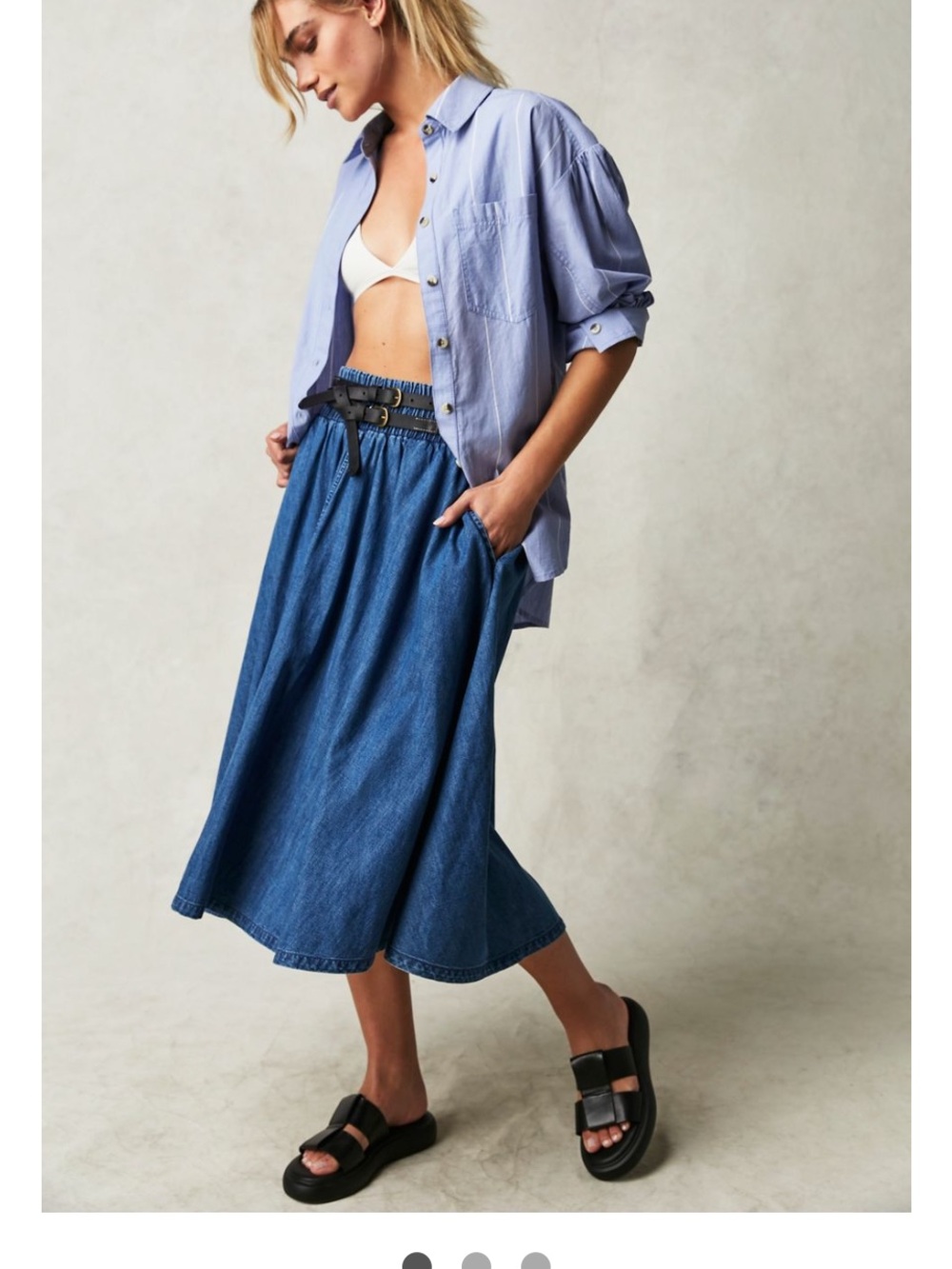 We The Free Blue Denim Midi Skirt with Elastic Waist and Pockets